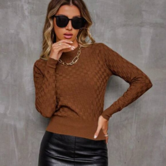 Checkered Crew Neck Pullover Sweater NWT Rust Brown Small - Picture 1 of 3